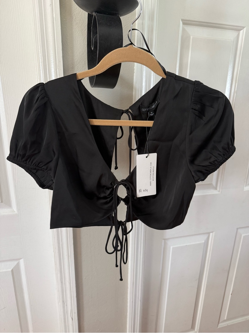 Cotton Candy Black Tie-Front Puff Sleeve Crop Top